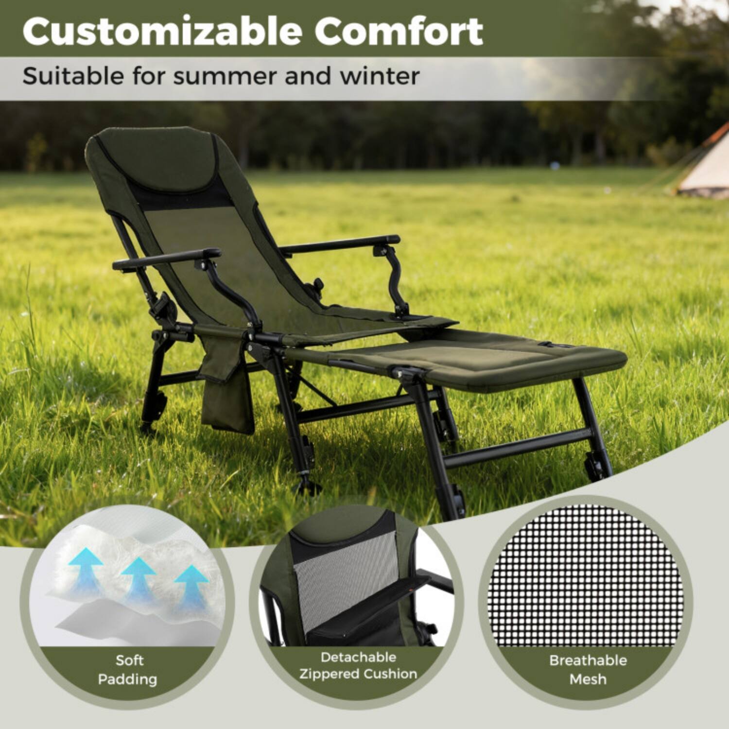 Customizable Comfort  
Suitable for summer and winter  

- Soft Padding  
- Detachable Zippered Cushion  
- Breathable Mesh