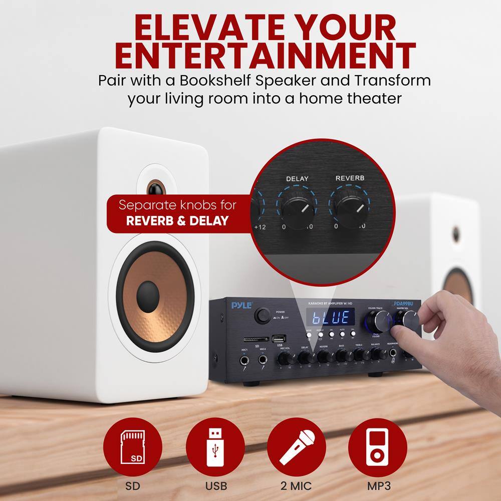 ELEVATE YOUR ENTERTAINMENT  
Pair with a Bookshelf Speaker and Transform your living room into a home theater  

Separate knobs for REVERB & DELAY  

SD  
USB  
2 MIC  
MP3