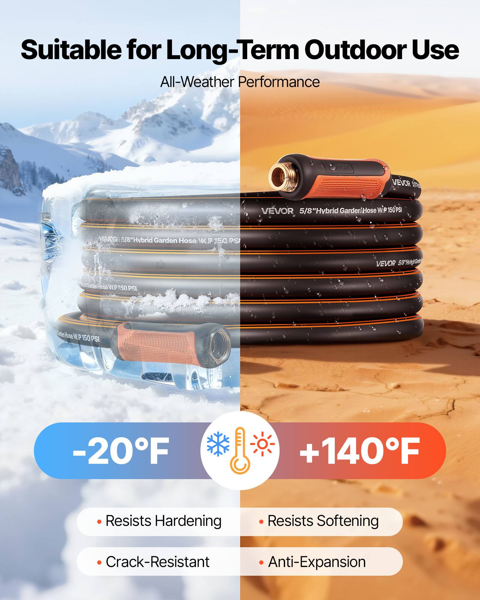 Suitable for Long-Term Outdoor Use  
All-Weather Performance  

VEVOR 5/8" Hybrid Garden Hose W.P 150 PSI  

-20°F to +140°F  
Resists Hardening  
Crack-Resistant  
Resists Softening  
Anti-Expansion