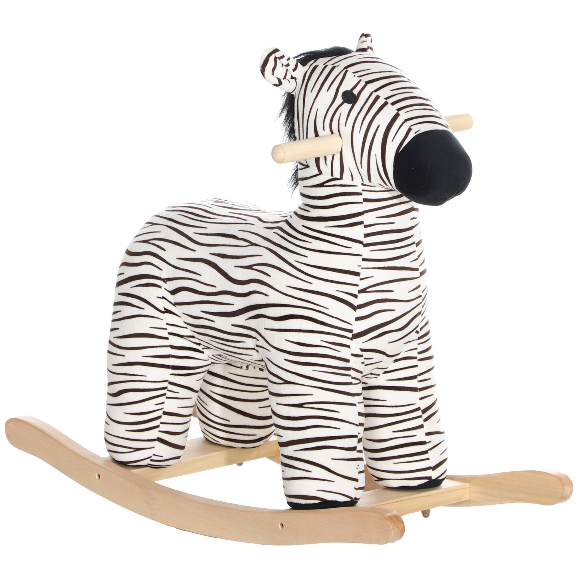 Front. Glintex - Plush Zebra Rocking Horse for Kids with Sounds, Soft Seat, and Stable Base - Black.