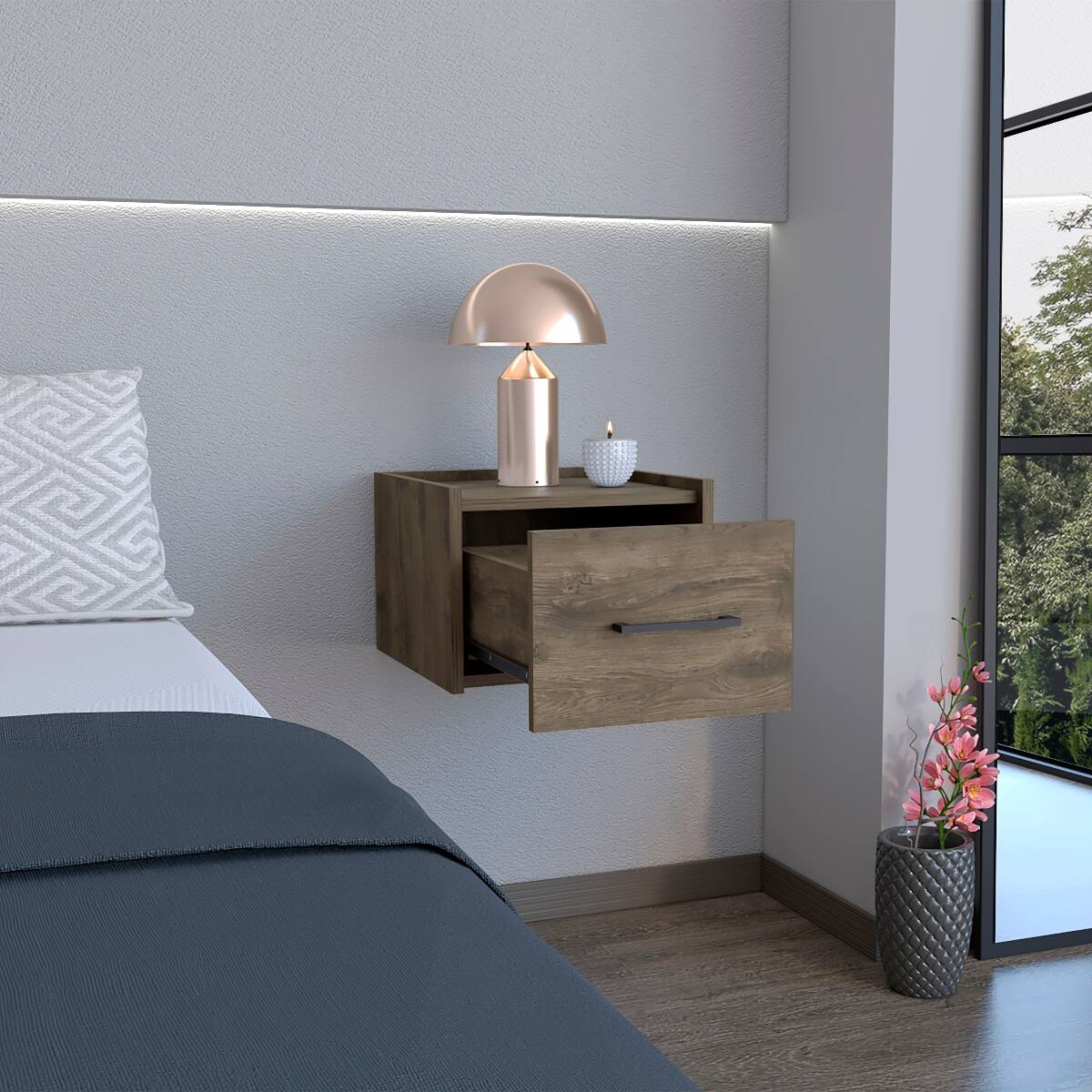Angle. Loheer - Loheer Floating Nightstand with Drawer, Dark Brown Wall-Mounted Engineered Wood Bedside Table - Dark Brown.