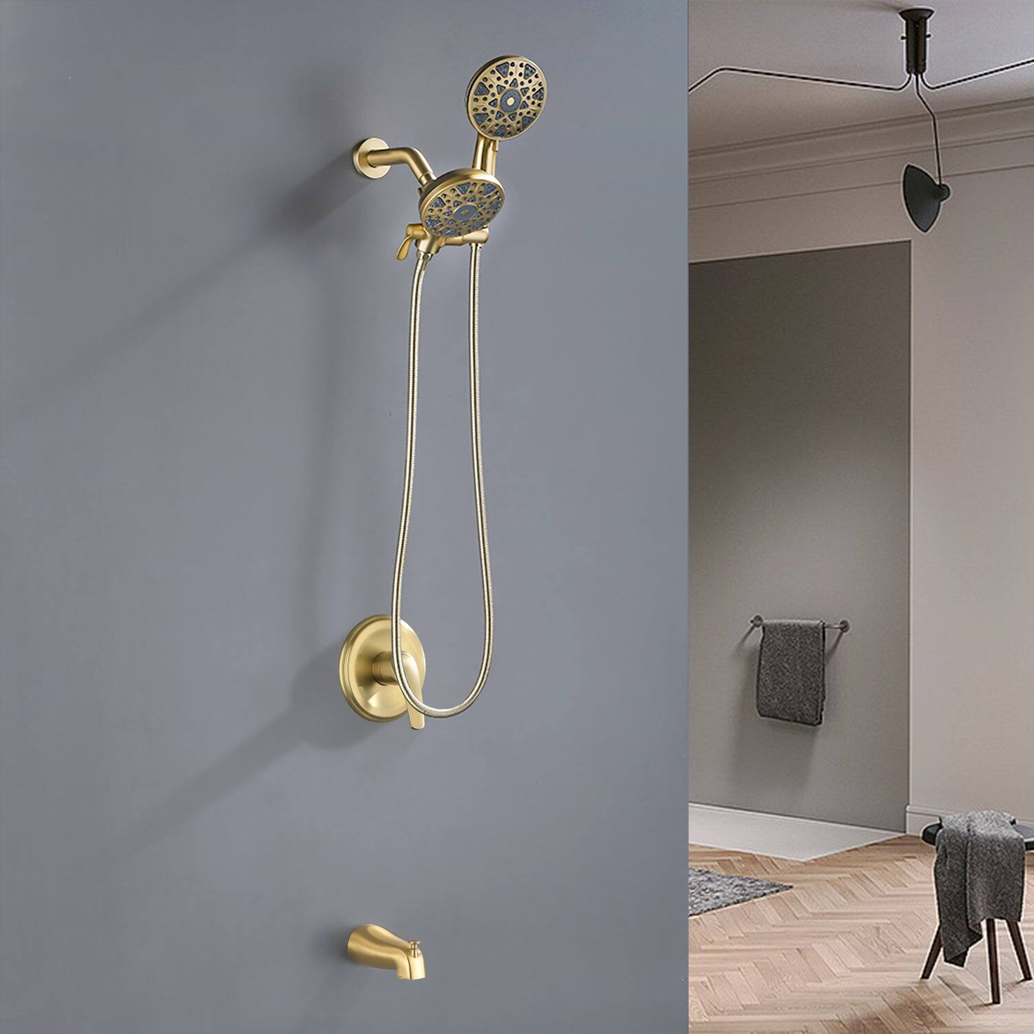 Alt View 2. Boyel Living - Brushed Gold Shower Set with Pressure Balance Valve 6 Function Dual Shower Heads and Tub Spout - Brushed Gold.