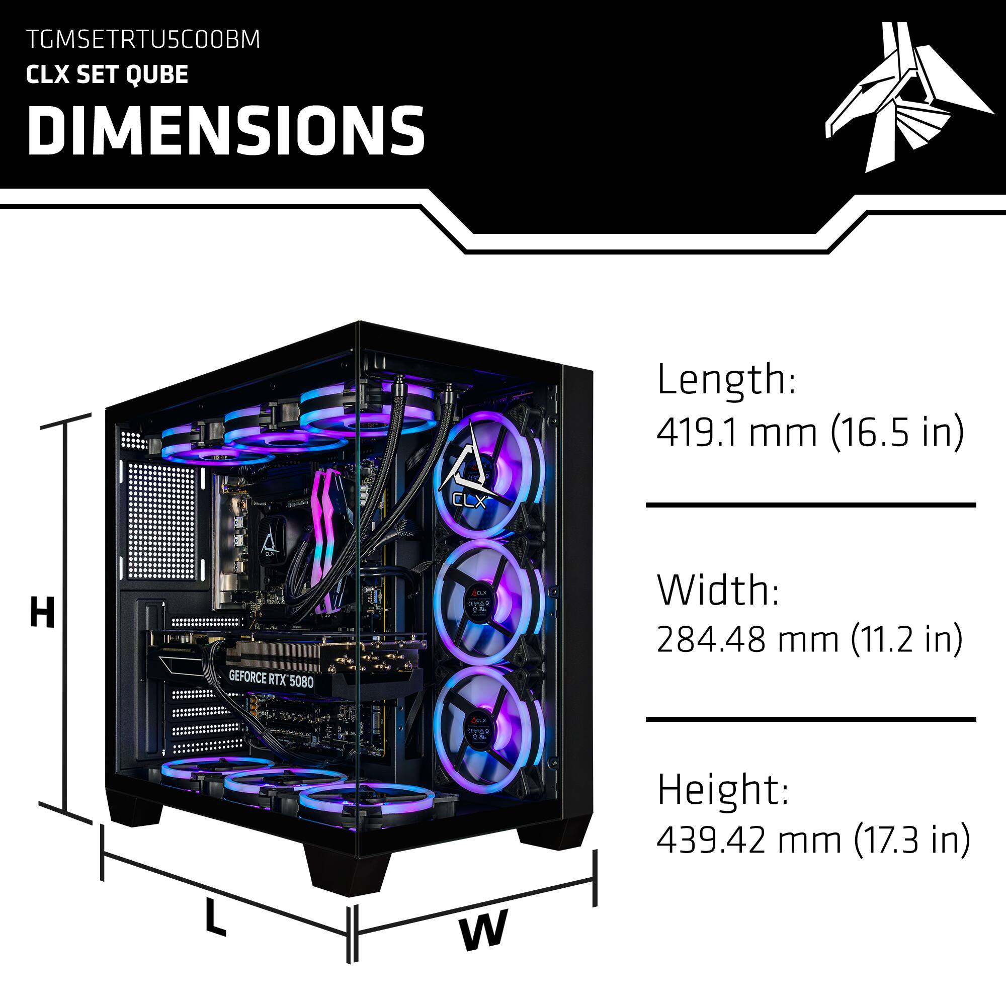TGMSETRTU5C00BM  
CLX SET QUBE  

DIMENSIONS  

Length: 419.1 mm (16.5 in)  
Width: 284.48 mm (11.2 in)  
Height: 439.42 mm (17.3 in)