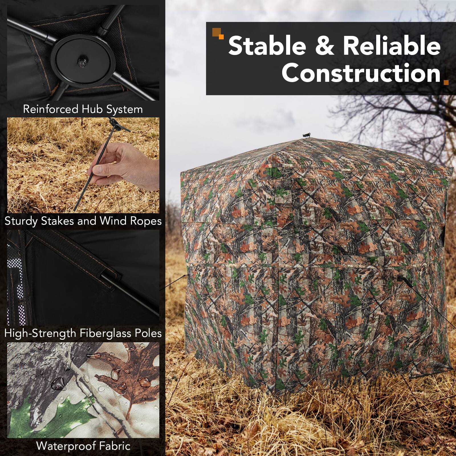 Stable & Reliable Construction  
Reinforced Hub System  
Sturdy Stakes and Wind Ropes  
High-Strength Fiberglass Poles  
Waterproof Fabric