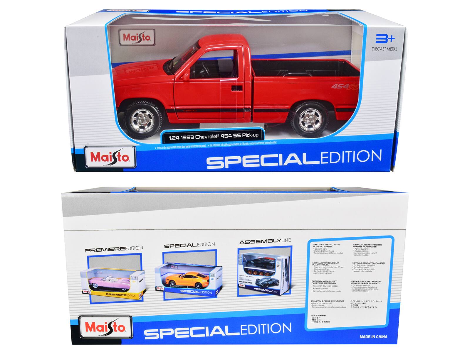 Sure, here is the corrected and grouped text from the image:

---

**Front of the Box:**

- **Maisto**
- **3+**
- **DIECAST METAL**
- **1:24 1993 Chevrolet 454 SS Pick-up**
- **SPECIAL EDITION**

---

**Back of the Box:**

- **Maisto**
- **SPECIAL EDITION**
- **PREMIERE EDITION**
- **ASSEMBLYLINE**

- **SPECIAL EDITION**
- **ASSEMBLYLINE**

- **1:24 1993 Chevrolet 454 SS Pick-up**

- **SPECIAL EDITION**

- **PREMIERE EDITION**

- **ASSEMBLYLINE**

- **SPECIAL EDITION**

- **ASSEMBLYLINE**

- **SPECIAL EDITION**

- **ASSEMBLYLINE**

- **SPECIAL EDITION**

- **ASSEMBLYLINE**

- **SPECIAL EDITION**

- **ASSEMBLYLINE**

- **SPECIAL EDITION**

- **ASSEMBLYLINE**

- **SPECIAL EDITION**

- **ASSEMBLYLINE**

- **SPECIAL EDITION**

- **ASSEMBLYLINE**

-