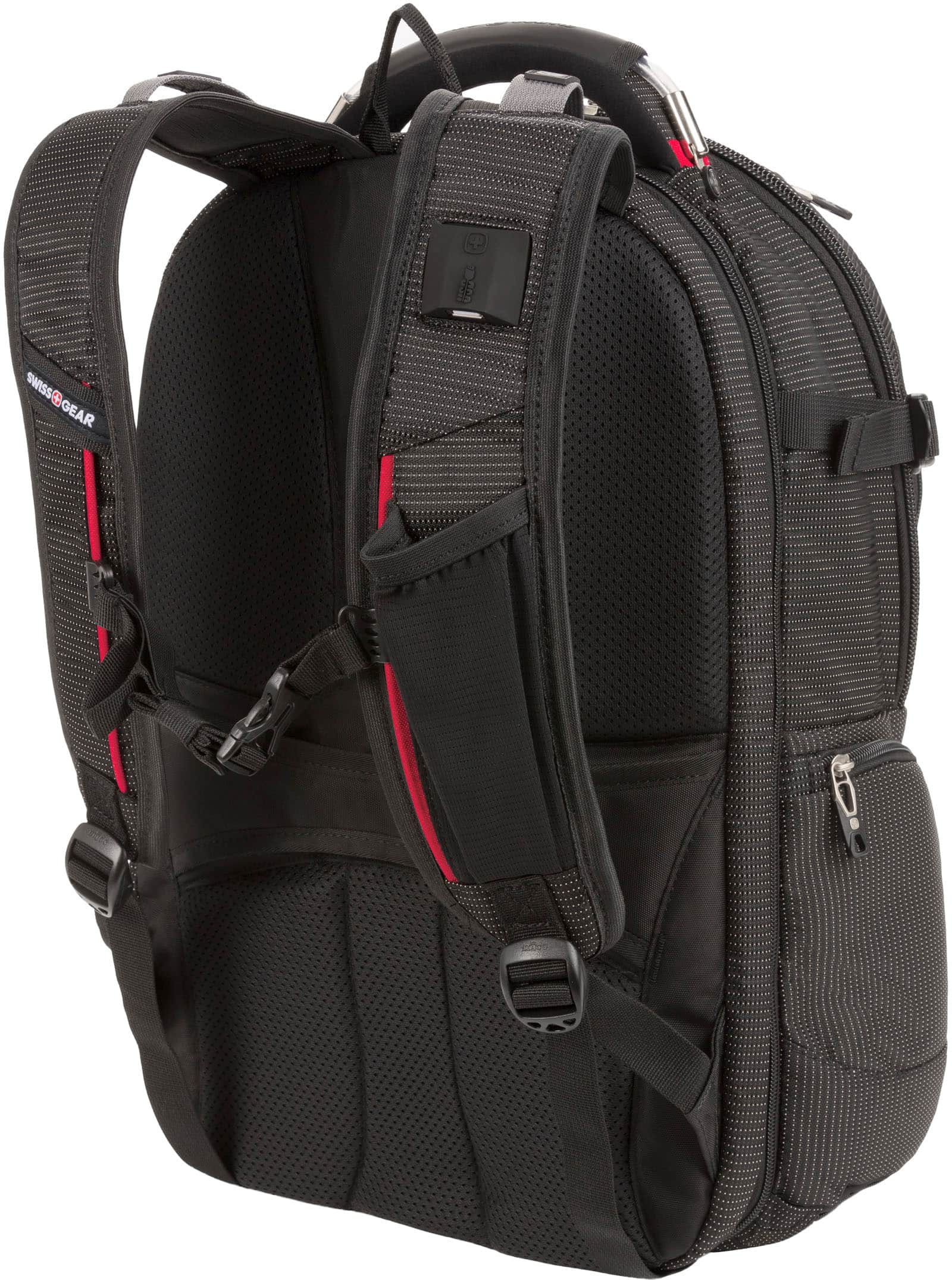 Swiss Gear is a brand of backpacks and bags, known for their durability and functionality. The image features a black Swiss Gear backpack with a gray and red trim, which is a popular choice for outdoor enthusiasts and students alike. The backpack is designed with a padded laptop compartment, making it suitable for carrying electronic devices and other essentials. The backpack is also equipped with a sturdy zipper and a comfortable shoulder strap, ensuring that it remains secure and comfortable to carry.
