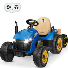 ANPABO - 24V Powered Ride on Tractor for Kids, Max 4.3Mph, EVA Tires, Tippable Trailer, Remote Control, Detachable Trailer - Blue