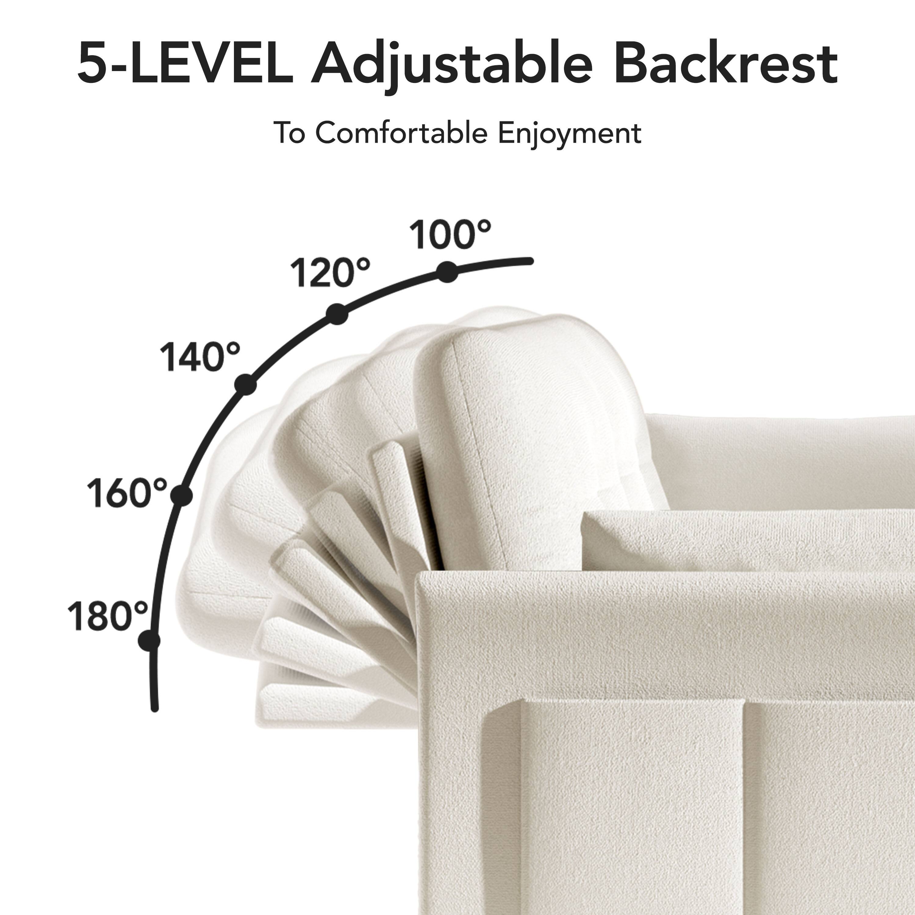5-LEVEL Adjustable Backrest  
To Comfortable Enjoyment  
100° 120° 140° 160° 180°