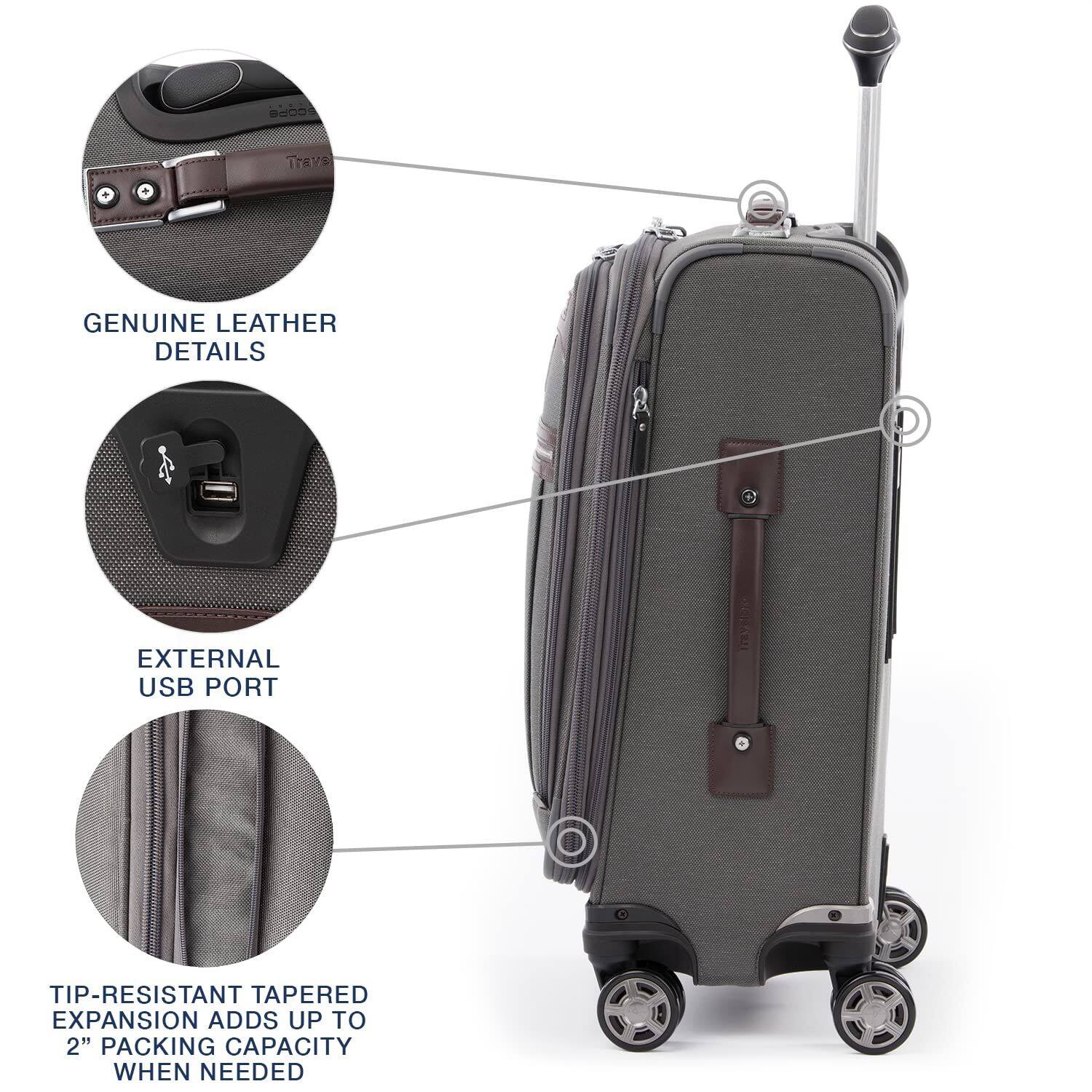 - Genuine Leather Details
- External USB Port
- Tip-Resistant Tapered Expansion Adds Up to 2" Packing Capacity When Needed