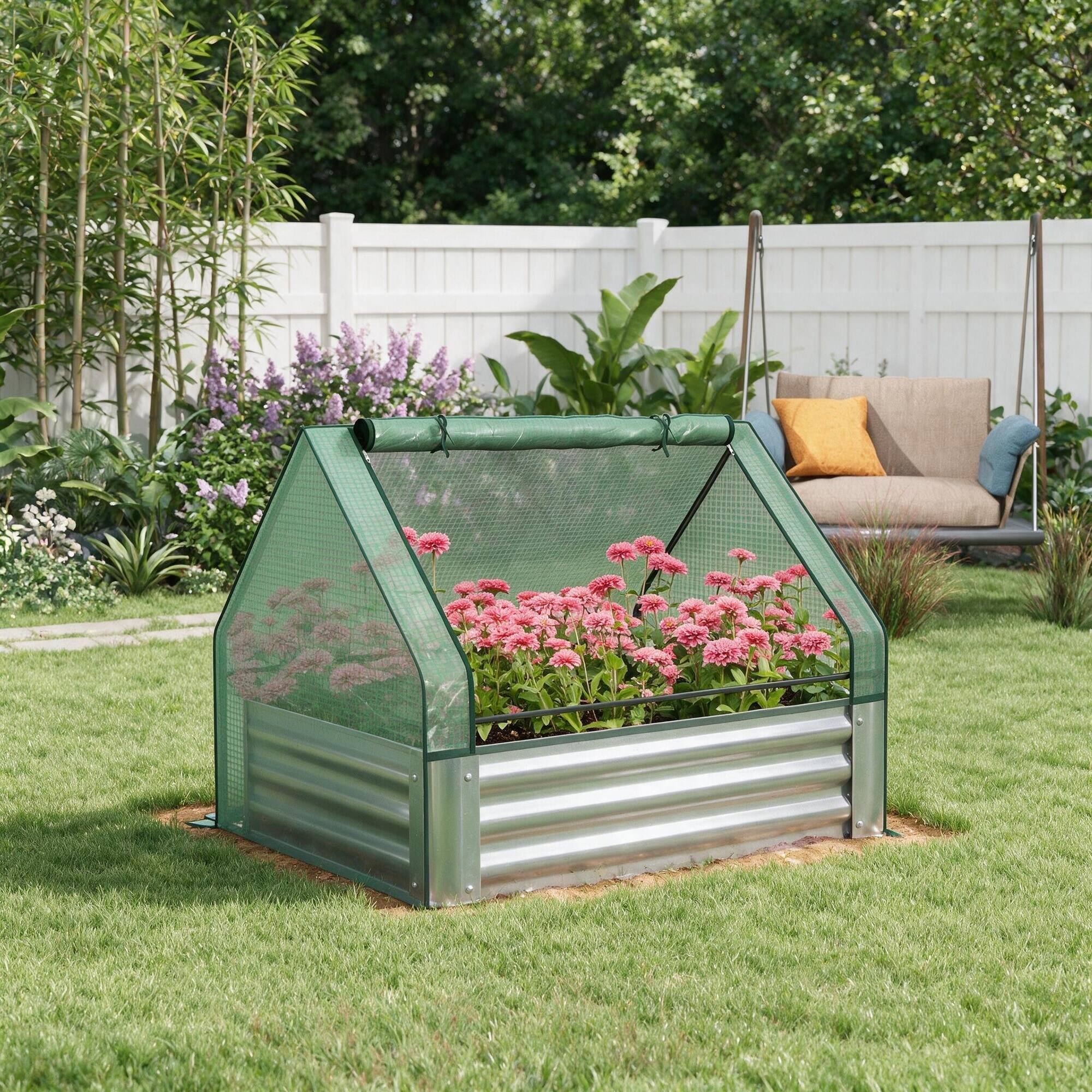 Back. RYHNUYNE - Raised Garden Bed with Mini Greenhouse, Galvanized Steel Planter Box with Cover for Herbs and Vegetables, Outdoor - Green.