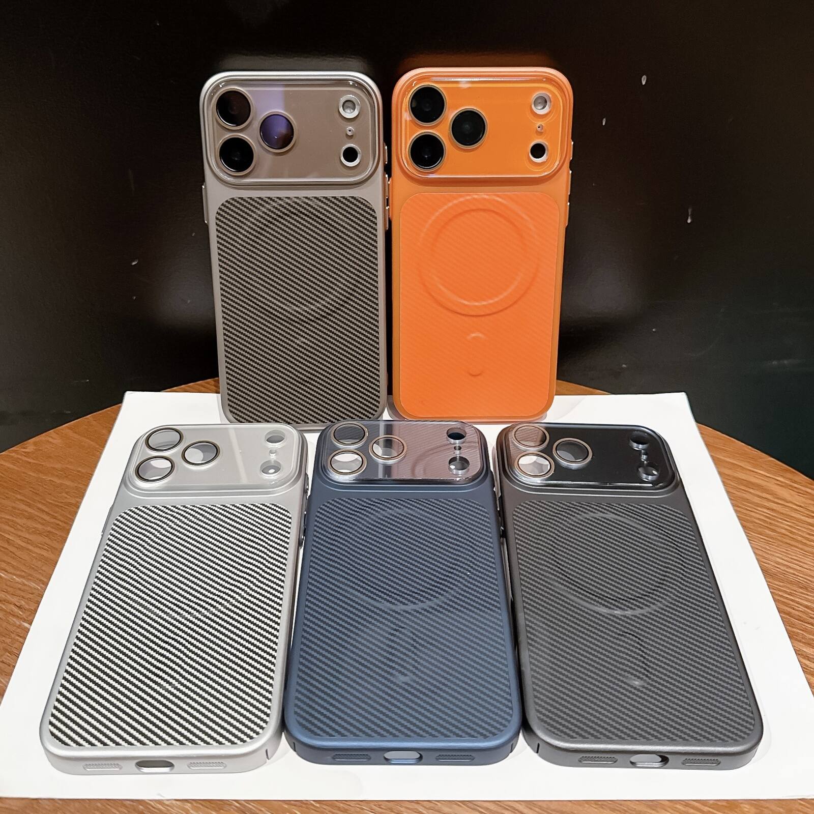 Angle. Dteck - Magnetic Carbon Fiber Texture Case for Apple iPhone 17 Pro Max Slim Shockproof Hybrid Cover with Built-in Lens Protector - Gray.