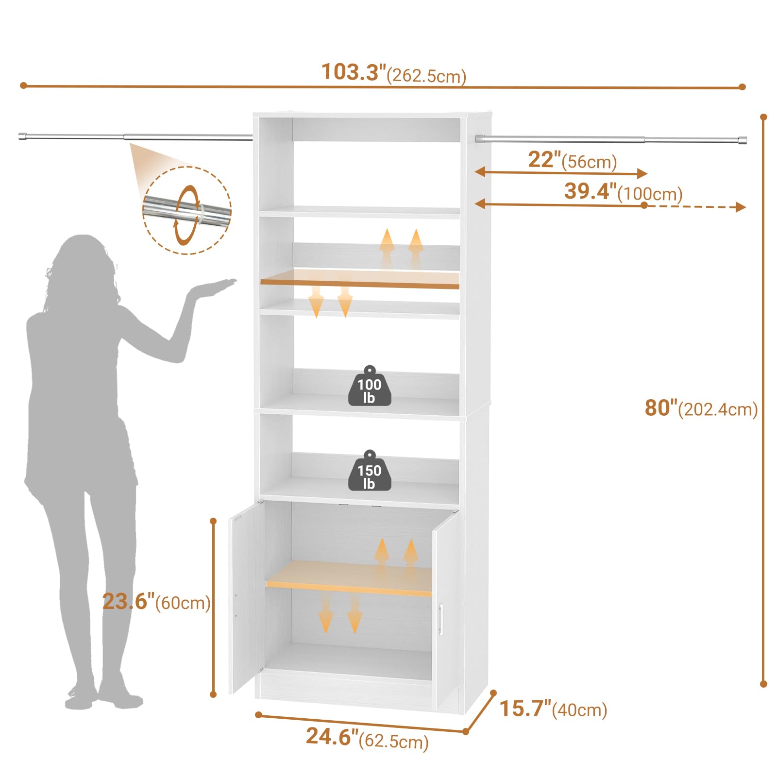 103.3" (262.5cm)  
22" (56cm)  
39.4" (100cm)  
80" (202.4cm)  
23.6" (60cm)  
24.6" (62.5cm)  
15.7" (40cm)  

100 lb  
150 lb