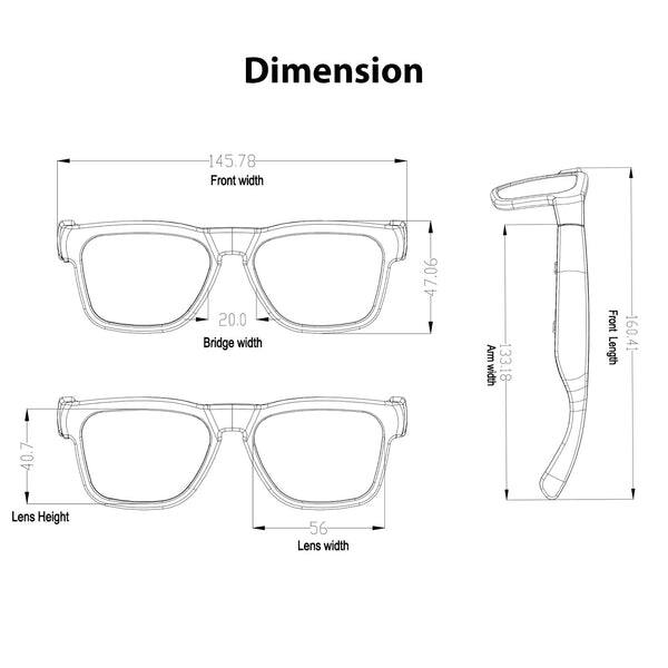 Dimension  
Front width: 145.78  
Bridge width: 20.0  
Arm width: 133.18  
Front Length: 160.41  
Lens Height: 56  
Lens width: 47.06
