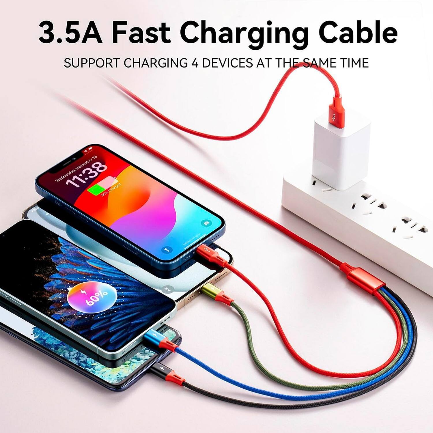 3.5A Fast Charging Cable
SUPPORT CHARGING 4 DEVICES AT THE SAME TIME
15 Novemier Wednesday 11:38
38% charged
60%
