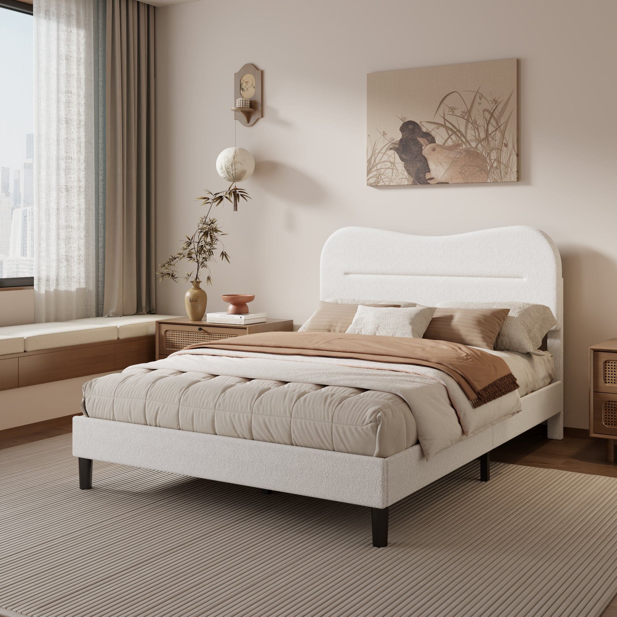 Furnulem - Bed Frame With Teddy Velvet Soft Curved Headboard Platform Bed With Wooden Slats Support - White