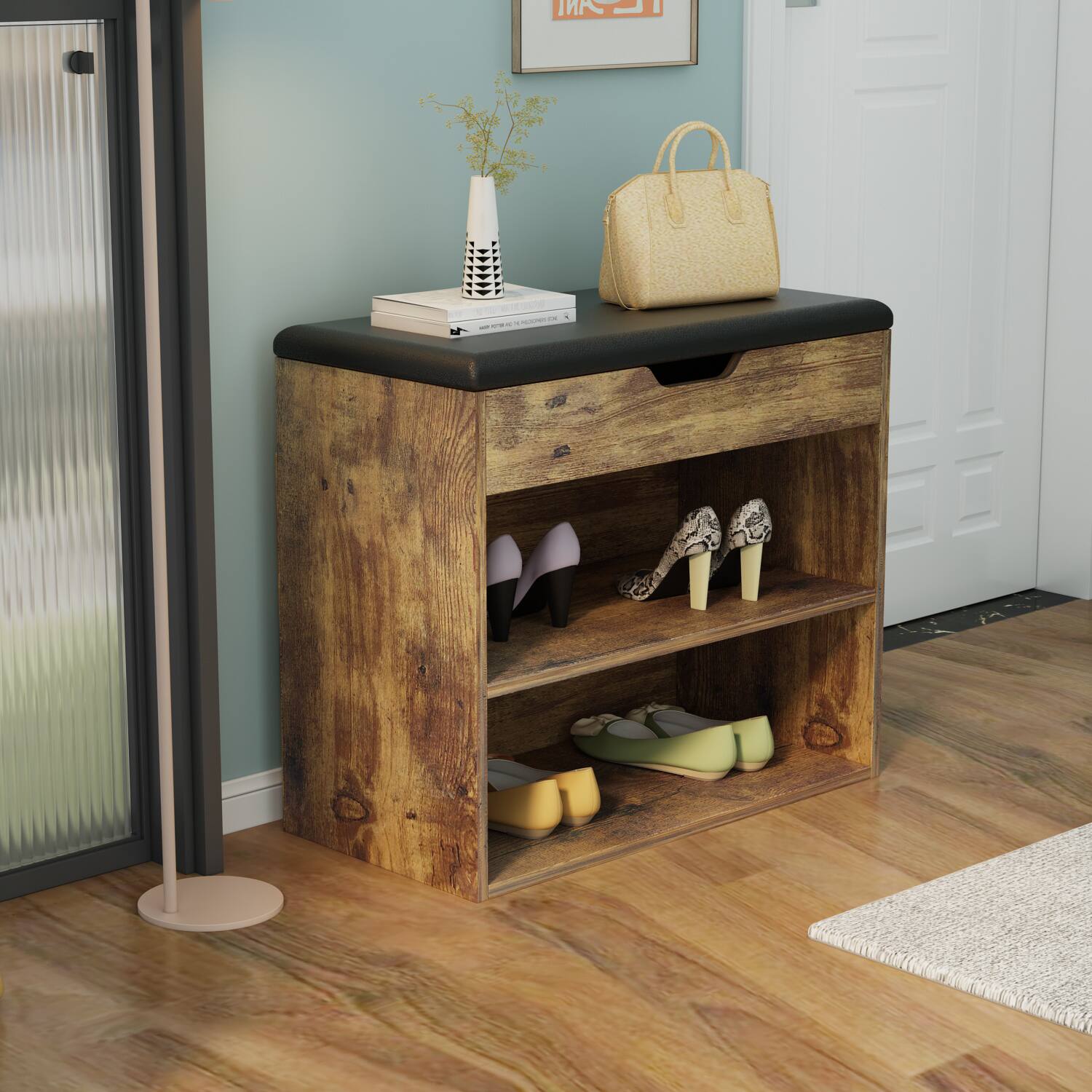 Alt View 1. Famapy - Famapy Multifunctional Shoe Rack Storage Bench - Upholstered Seat Hidden Compartment - Black & Brown.