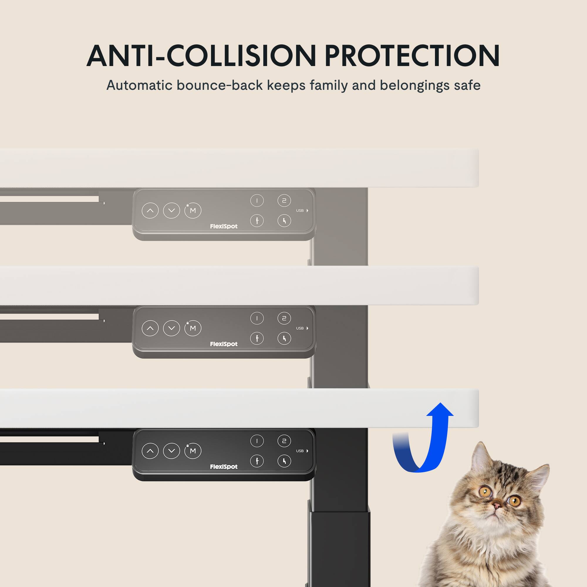 ANTI-COLLISION PROTECTION  
Automatic bounce-back keeps family and belongings safe  

FlexiSpot - I e 4 usB  
FlexiSpot - I e 4 ue