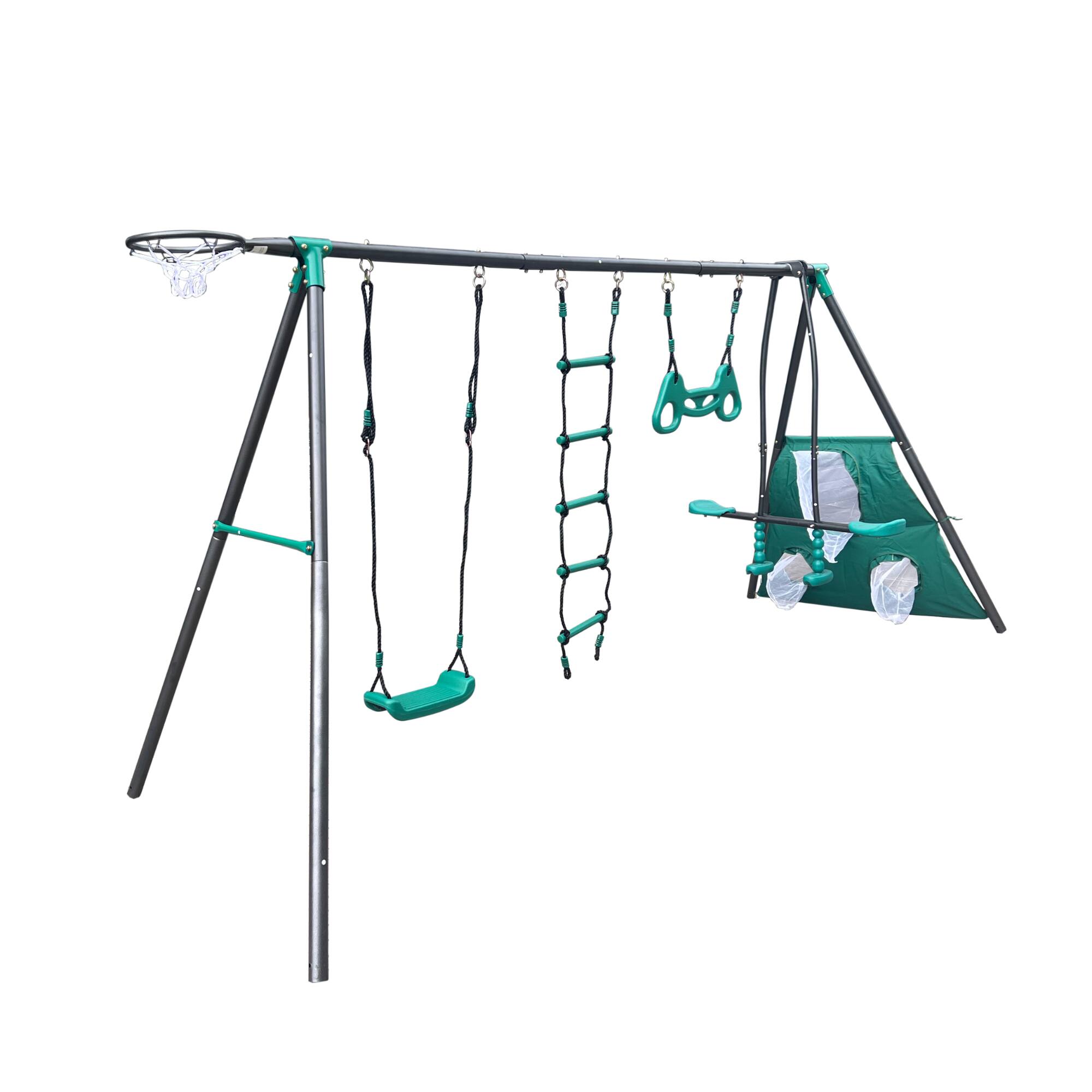 Alt View 2. Loheer - 12.6 ft Four Function Swing Set with Face-to-Face Seat, Climbing Ladder and Sports Play - Blackish Green.