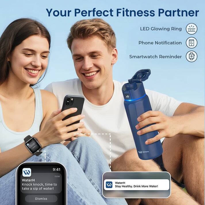 Your Perfect Fitness Partner, LED Glowing Ring, Phone Notification, Smartwatch Reminder, 9:41, W now, WaterH, Knock knock, time to take a sip of water!, WaterH, W, Stay Healthy. Drink More Water!, Dismiss.