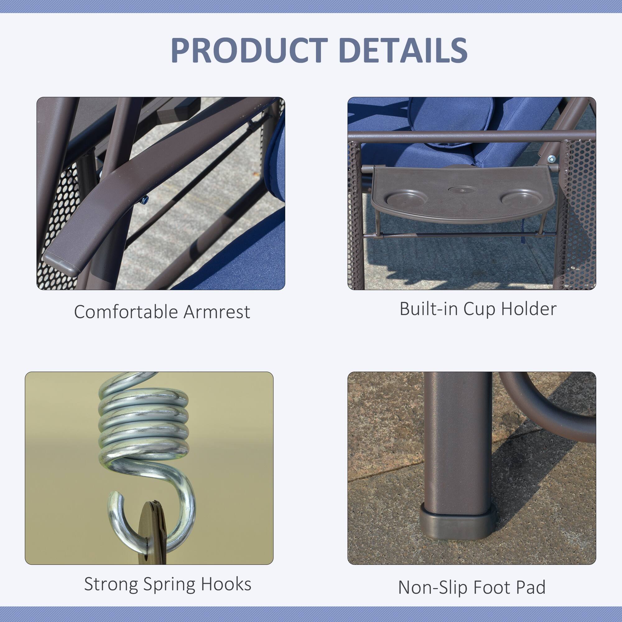 PRODUCT DETAILS

Comfortable Armrest
Built-in Cup Holder
Strong Spring Hooks
Non-Slip Foot Pad