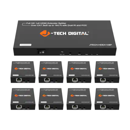 Full HD 1x8 HDMI Extender Splitter
Over CAT 5e/6 up to 164 Ft with Dual IR and POC
-TECH DIGITAL
JTECH-HDEX1X8P
Transmitter
1x8 HDMI Extender Splitter 164Ft
1080P with Dual IR and POC
Receiver
1x8 HDMI Extender Splitter 164Ft
1080P with Dual IR and POC