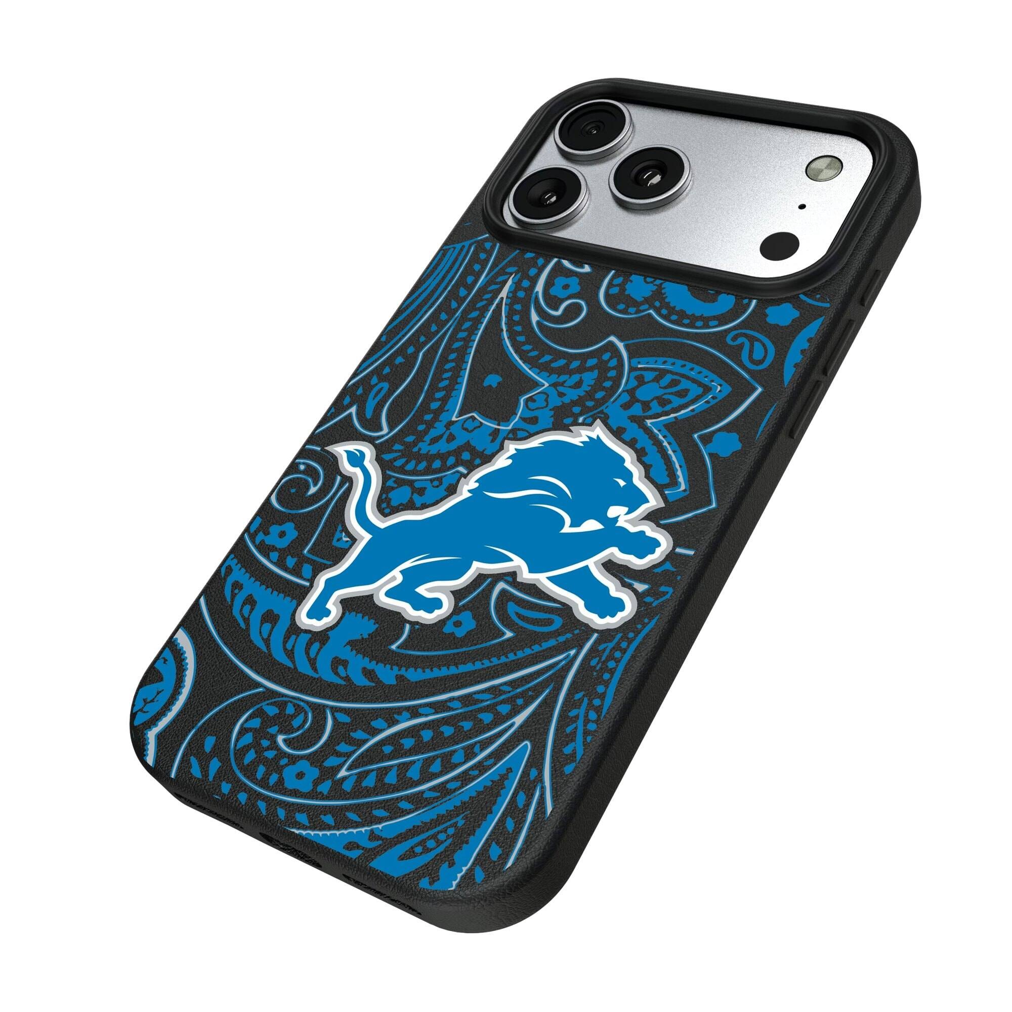 Alt View 1. Keyscaper - Detroit Lions Paisley iPhone Magnetic Bump Case - 15 Plus - Black.