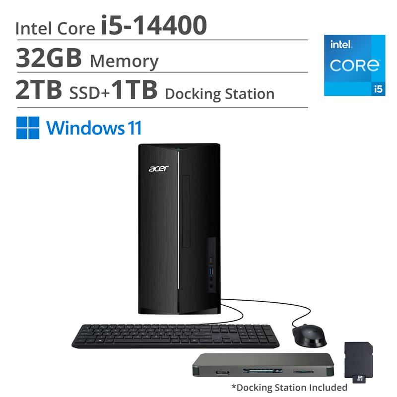 Acer - Aspire Desktop,Intel Core i5-14400,32GB RAM,2TB SSD+1TB Dock Station,Intel 730 UHD Graphics,Wi-Fi 6E,Win 11 - Black