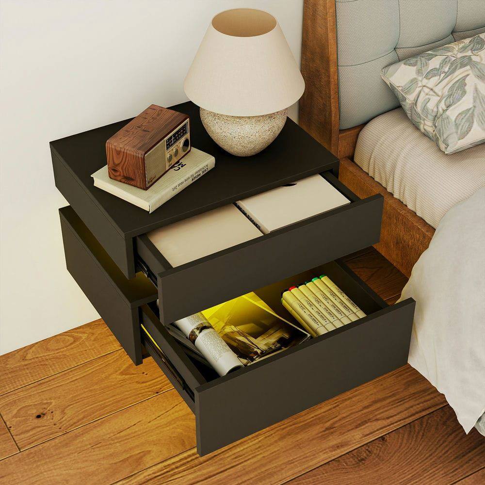 Alt View 5. Kadyn - Wall-Mounted LED Nightstand with 2 Drawers and 3 Light Modes for Bedroom, Black - Black.
