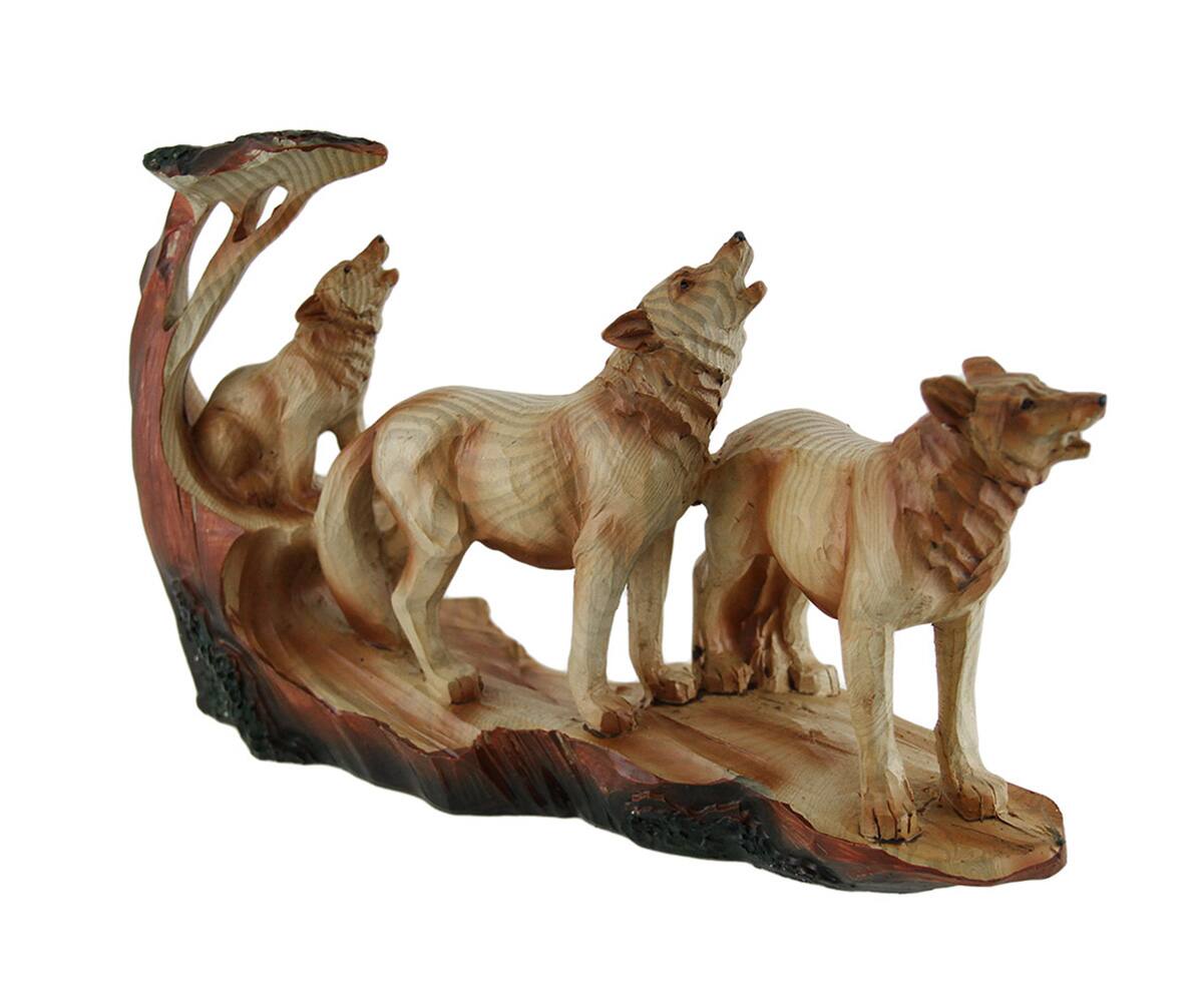 Alt View 1. Zeckos - Howling Wolf Family Carved Wood Look Resin Statue - Beige.