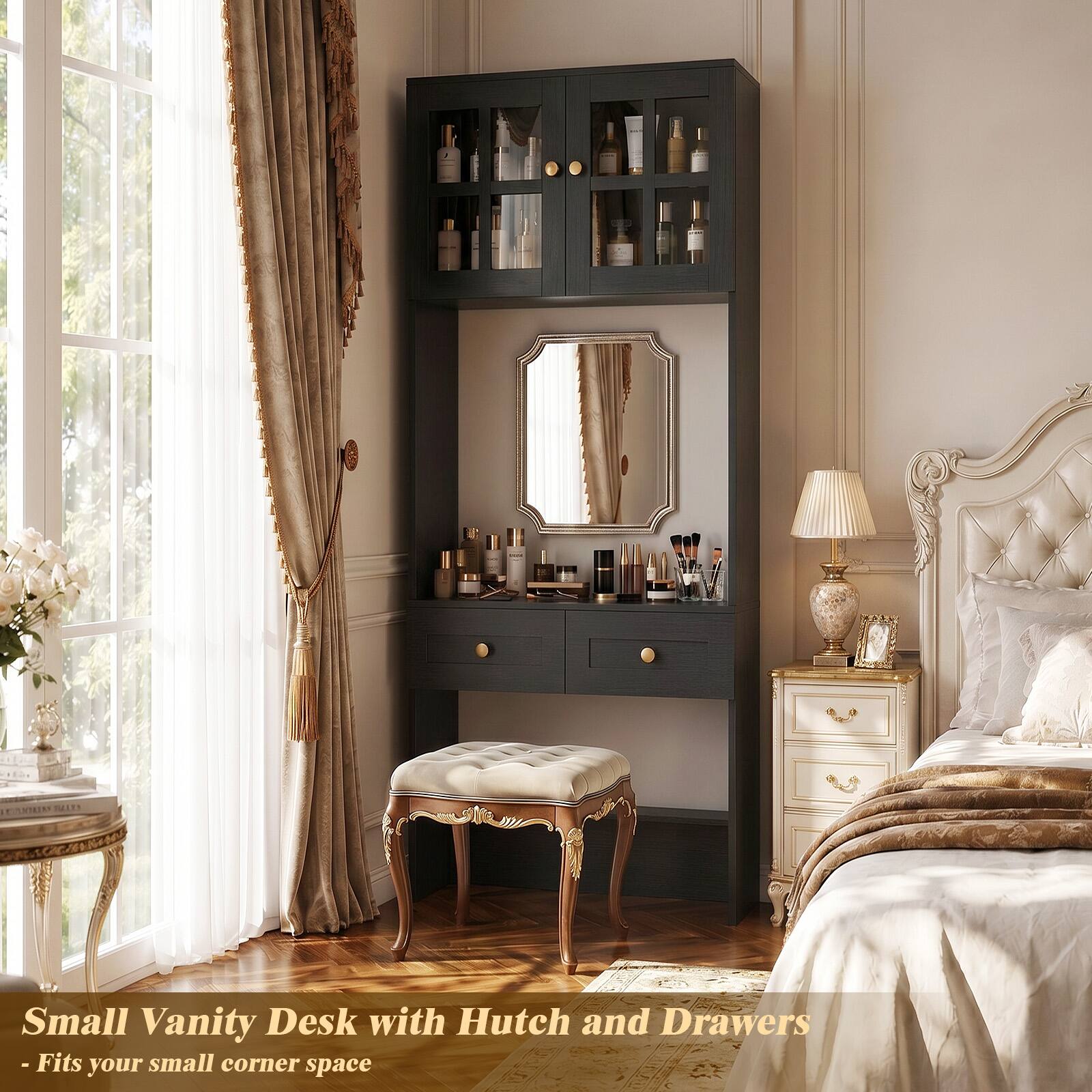 Small Vanity Desk with Hutch and Drawers  
- Fits your small corner space