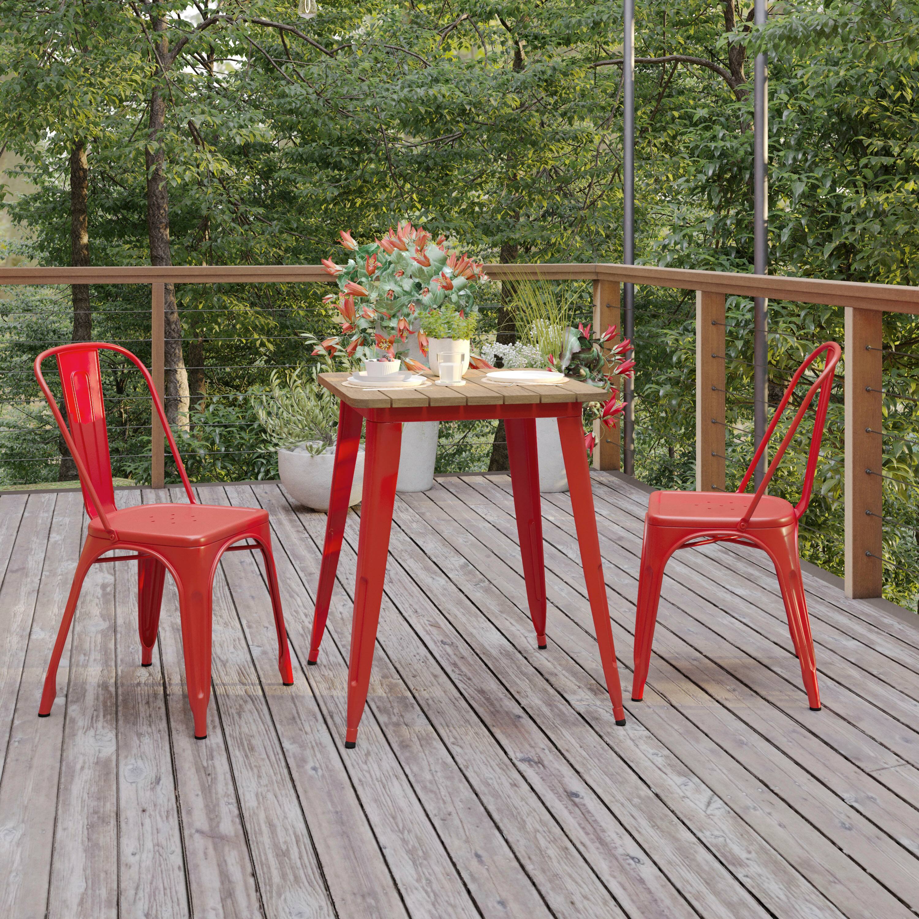 Alt View 2. Flash Furniture - Declan Commercial Grade Indoor/Outdoor Dining Table, 23.75" Square All Weather Brown Poly Resin Top with Red Steel Base - Red.