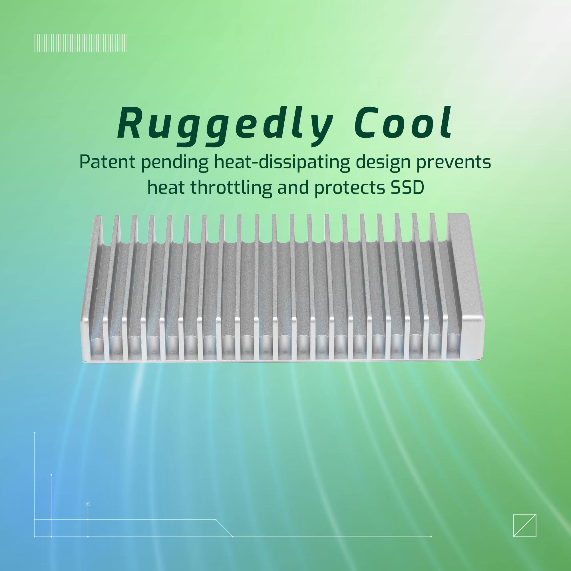Ruggedly Cool

Patent pending heat-dissipating design prevents heat throttling and protects SSD