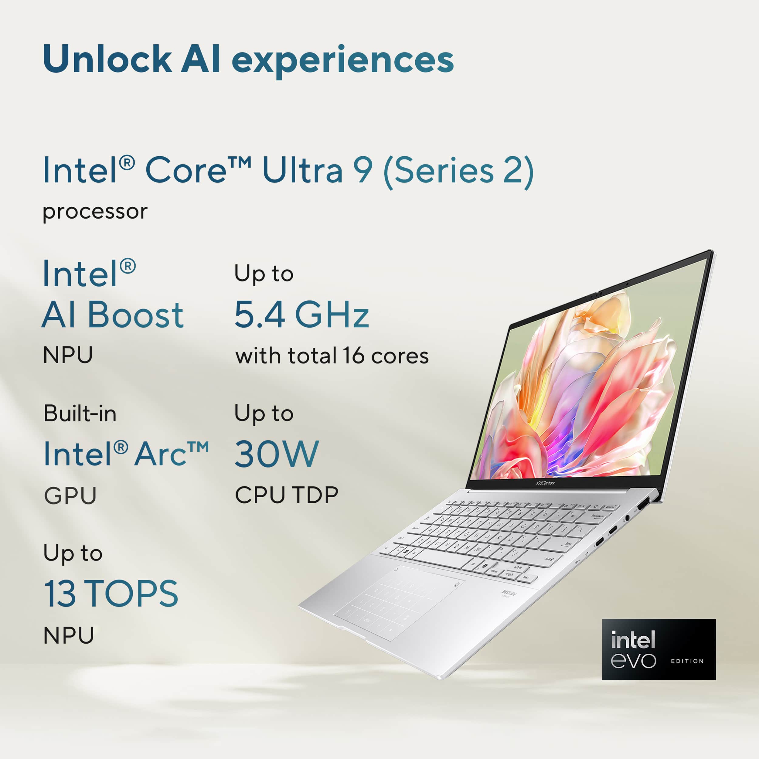 Unlock AI experiences with Intel Core Ultra 9 (Series 2) processor. Intel AI Boost NPU with up to 5.4 GHz and total 16 cores. Built-in Intel ArcT 30W GPU, CPU TDP up to 13 TOPS NPU.