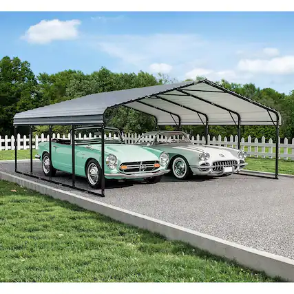 Front. U-HOMY - Outdoor Carport – Galvanized Steel Roof, Heavy-Duty All-Weather Shelter for Cars, Boats, Tractors & Equipment - 12'x 20'.