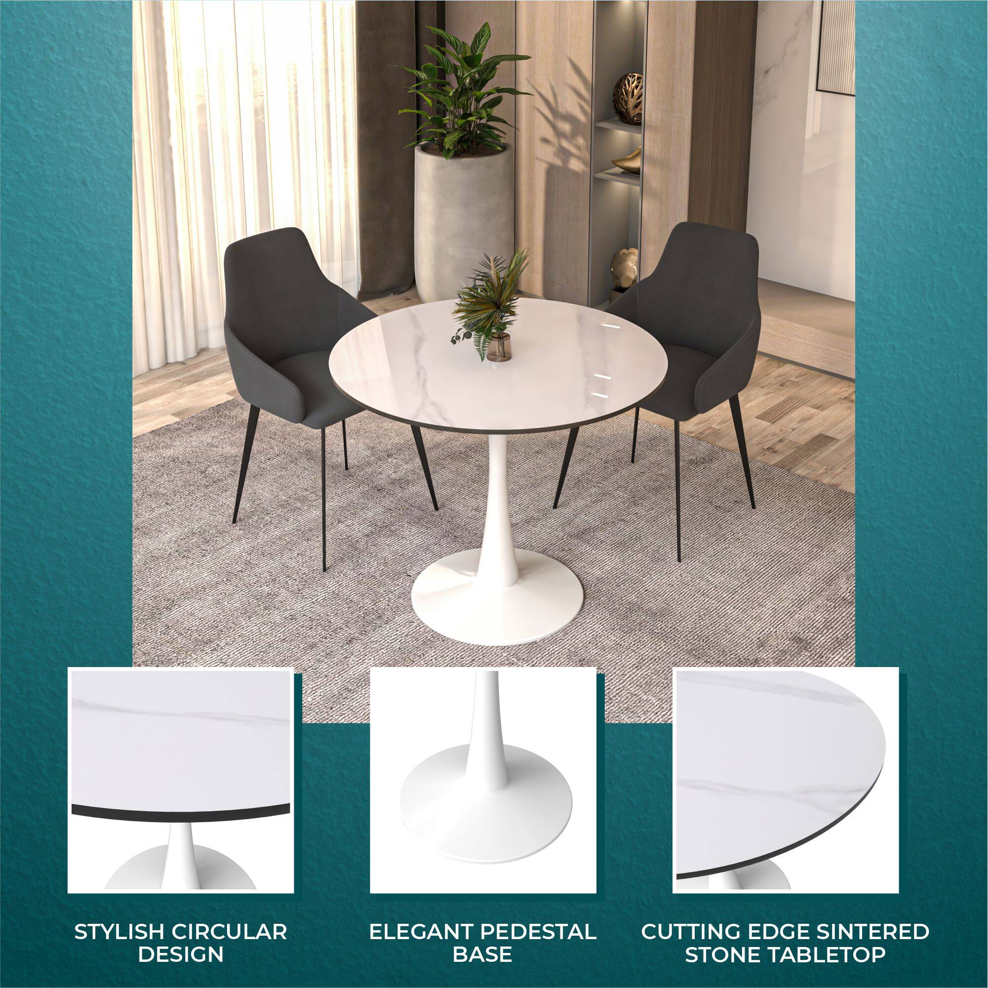 STYLISH CIRCULAR DESIGN  
ELEGANT PEDESTAL  
CUTTING EDGE SINTERED STONE TABLETOP