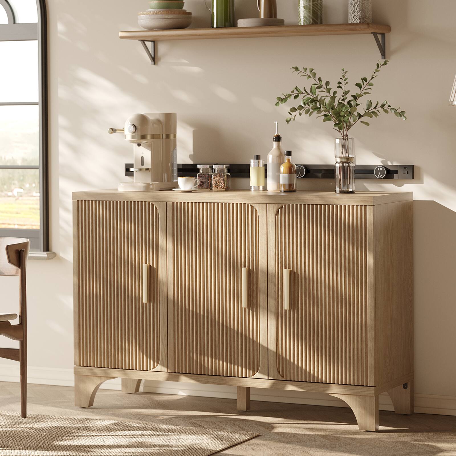 Angle. Sugift - 47" Oak Mid Century Modern Fluted Buffet Cabinet with Storage Accent Sideboard Credenza Coffee Bar Console - Natural.