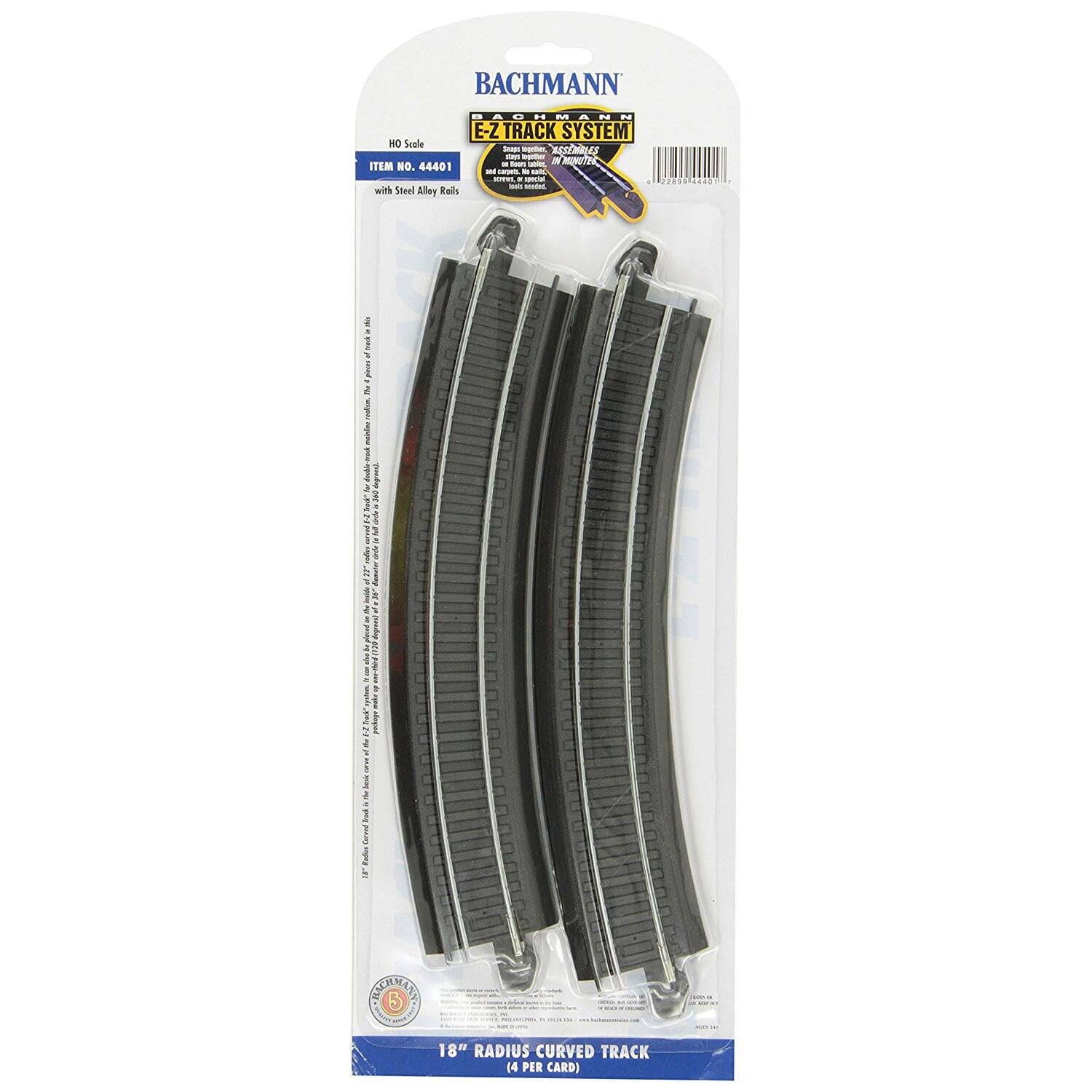 BACHMANN  
E-Z TRACK SYSTEM  
HO Scale  
ITEM NO. 44401  
with Steel Alloy Rails  

18" RADIUS CURVED TRACK (4 PER CARD)