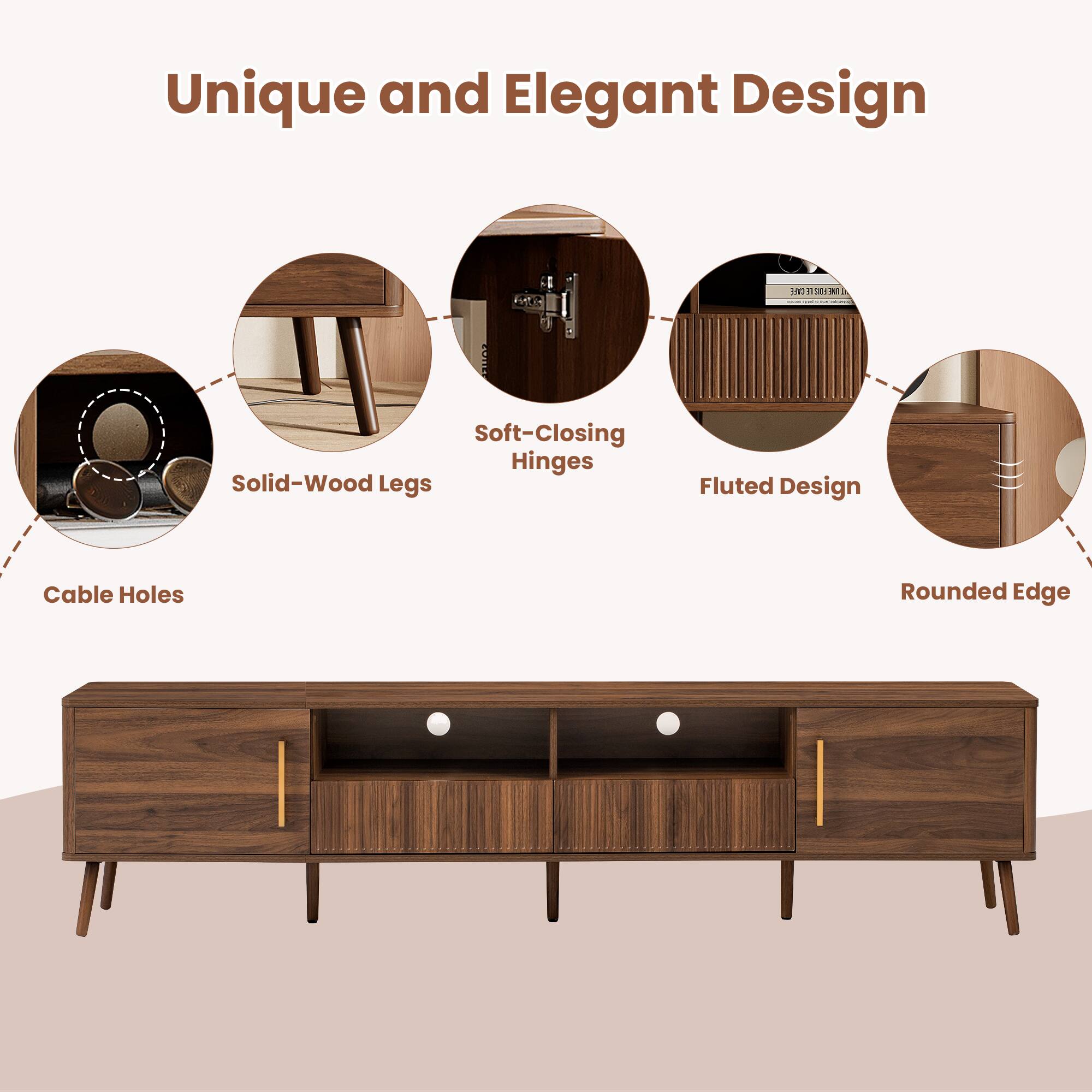 Unique and Elegant Design

- Solid-Wood Legs
- Soft-Closing Hinges
- Fluted Design
- Cable Holes
- Rounded Edge