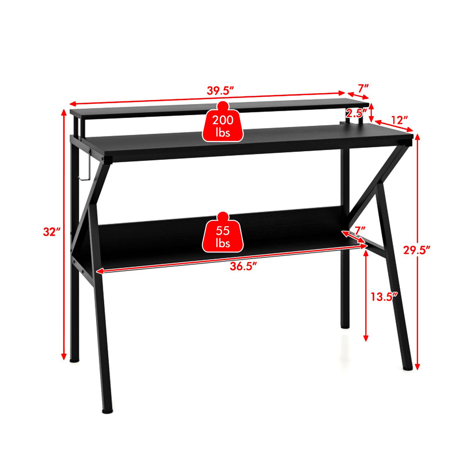39.5" 7" 200 lbs 2.5" 12" 32" 55 lbs 36.5" 7" 29.5" 13.5"