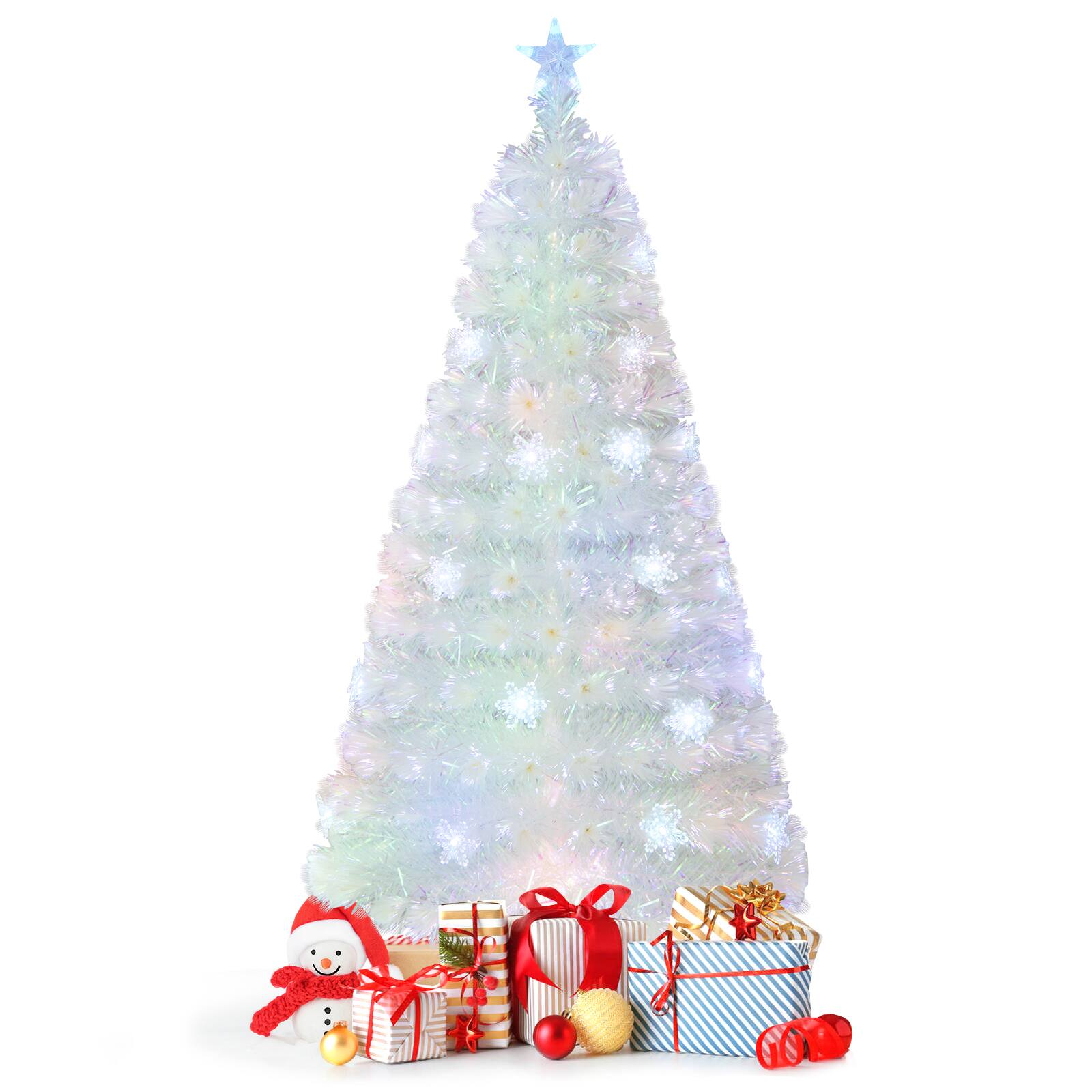 Ecooso - 5ft Pre-Lit Artificial Christmas Tree with Iridescent Leaves for Shimmer Holiday Decor - White