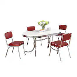 Manhattan Lane - Loy 5pc Dining Table and Chair Set, Red Faux Leather - White, Red, Silver