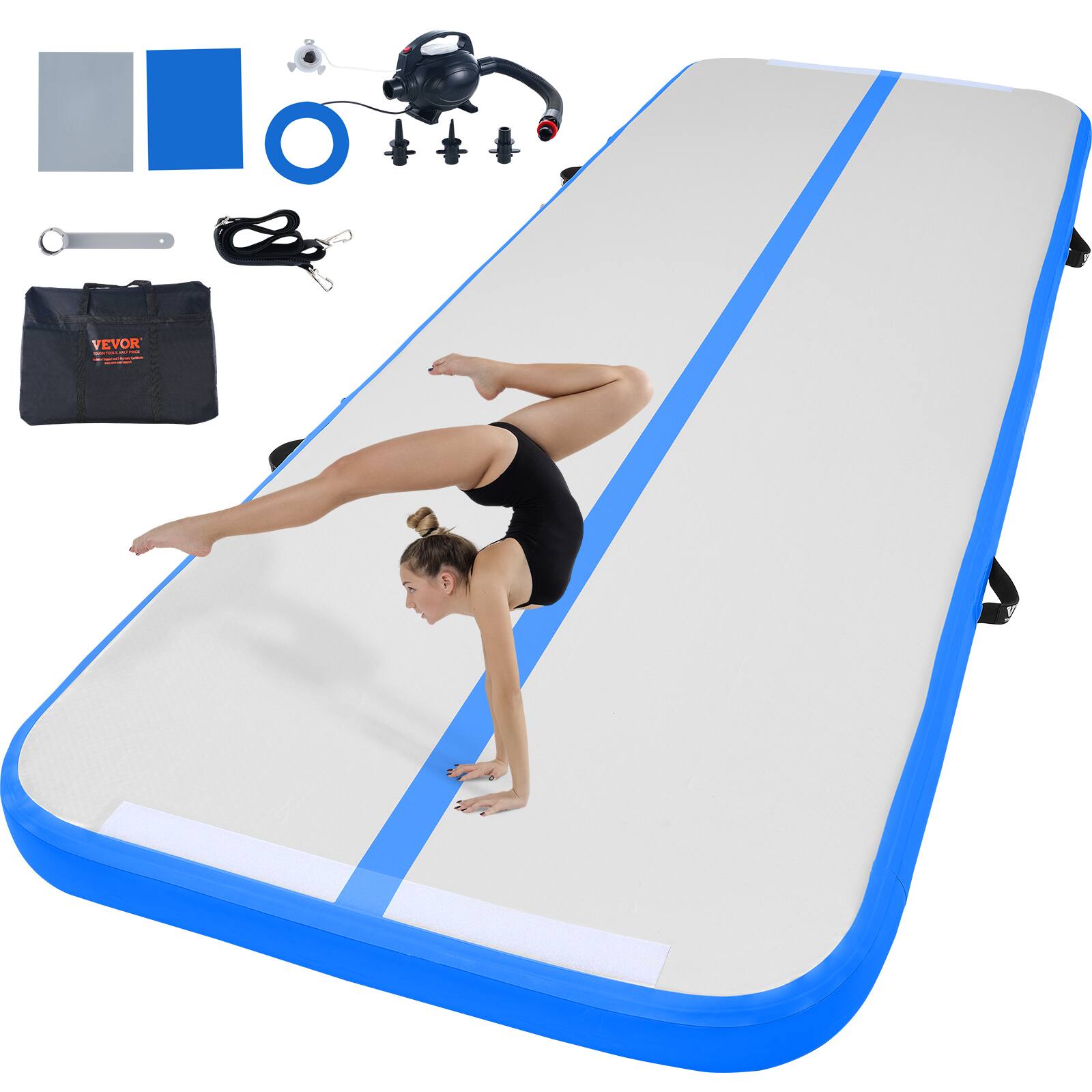 Front. VEVOR - Gymnastics Air Mat, 4 inch Thickness Inflatable Gymnastics Tumbling Mat, Tumble Track with Electric Pump - Blue.