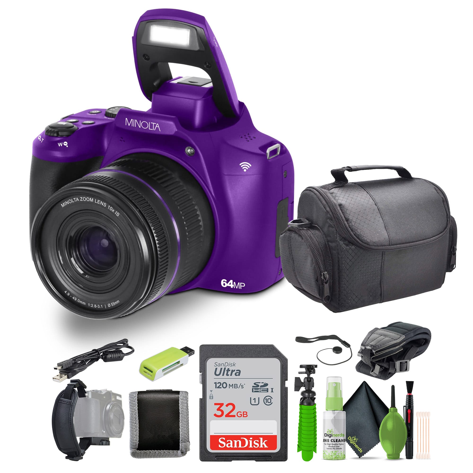 Minolta - 64 Mega Pixels Auto Focus Digital Camera 4K Ultra HD Video -Bundle - Purple