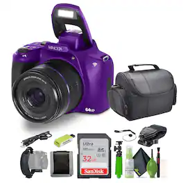 Minolta - 64 Mega Pixels Auto Focus Digital Camera 4K Ultra HD Video -Bundle - Purple