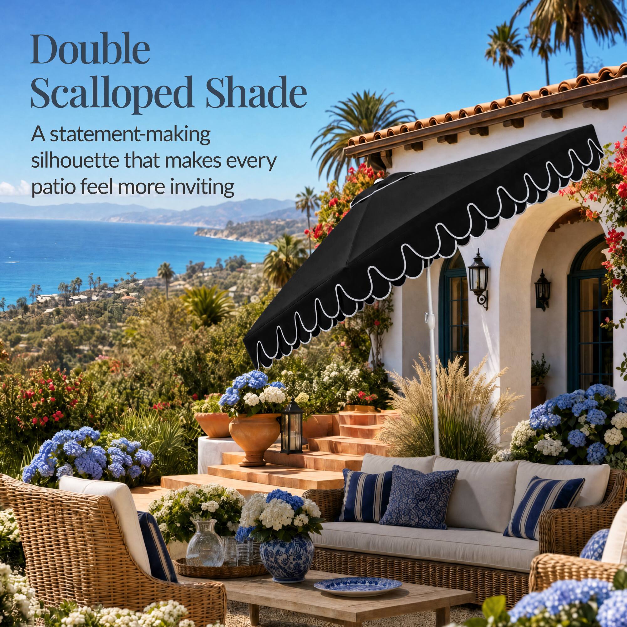 Double Scalloped Shade  
A statement-making silhouette that makes every patio feel more inviting
