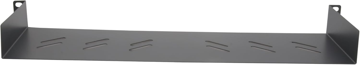 Left. Cables Direct Online - 1U 19" Universal Vented Server Rack Shelf - 6" (150mm) Deep Steel Tray No-Lip, 11 lb Max Capacity - Black.