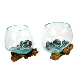 Zeckos - Set of 2 Blown Molten Glass On Burl Wood Decorative Bowls Vases Terrariums - Brown