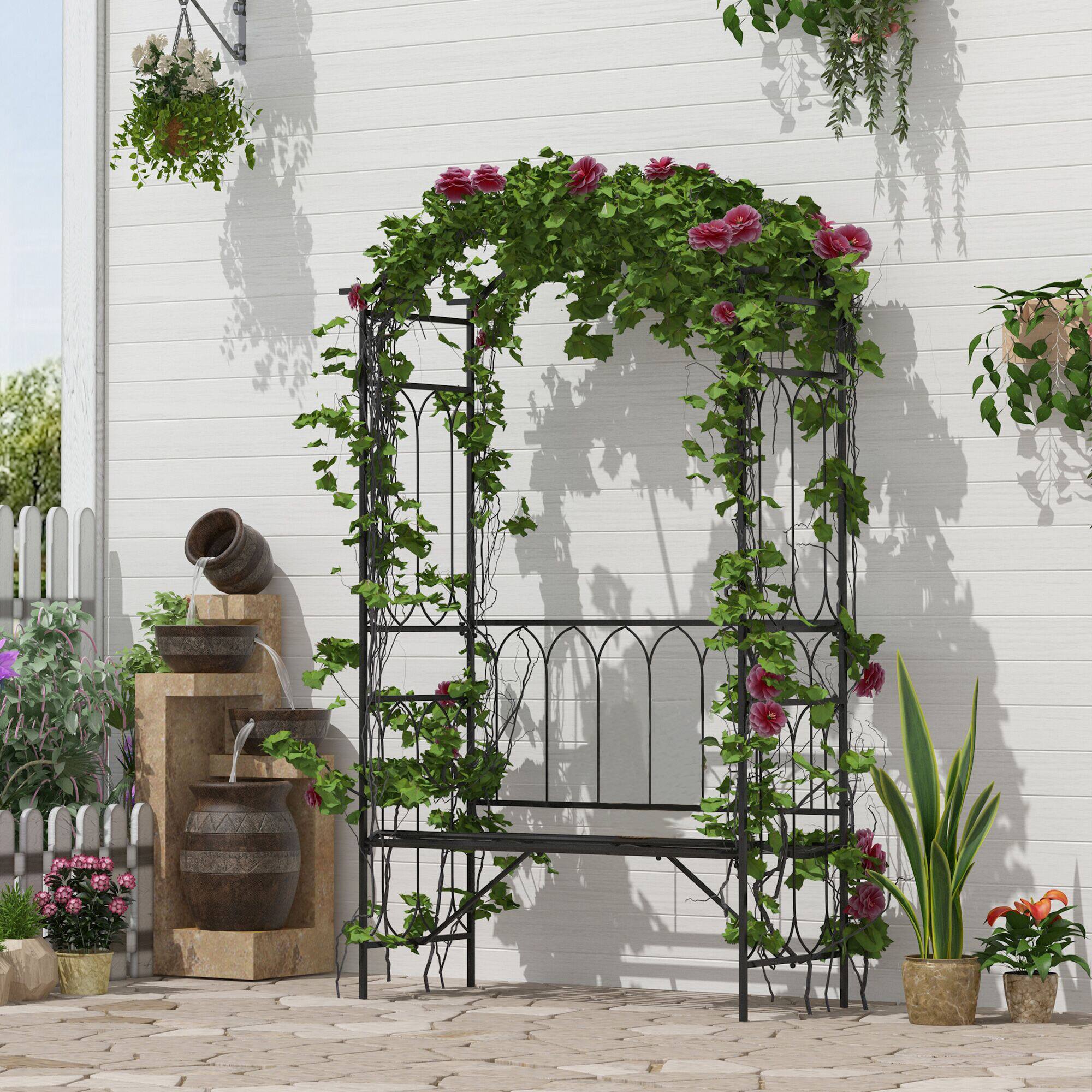 Alt View 1. Outsunny - Trellis Arbor Arch for Climbing Plants with Garden Bench, Grow Grapes and Vines, Decorative Seating - Black.