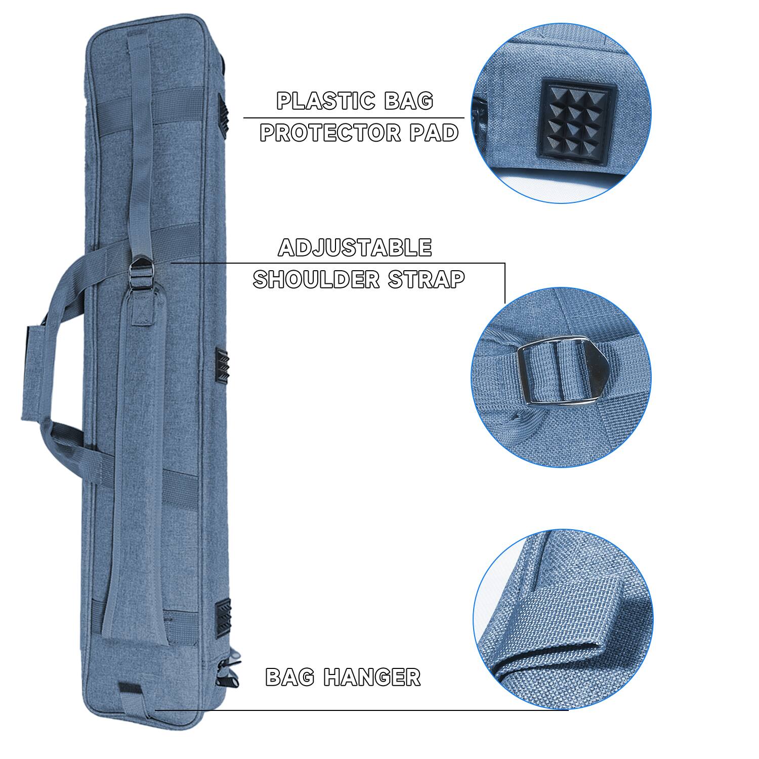 PLASTIC BAG PROTECTOR PAD
ADJUSTABLE SHOULDER STRAP
BAG HANGER