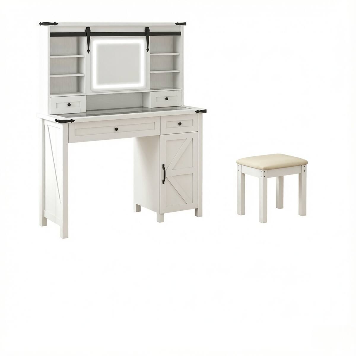 Back. Loheer - Loheer Makeup Vanity with LED Mirror and Cushioned Stool, White Storage Desk - White.